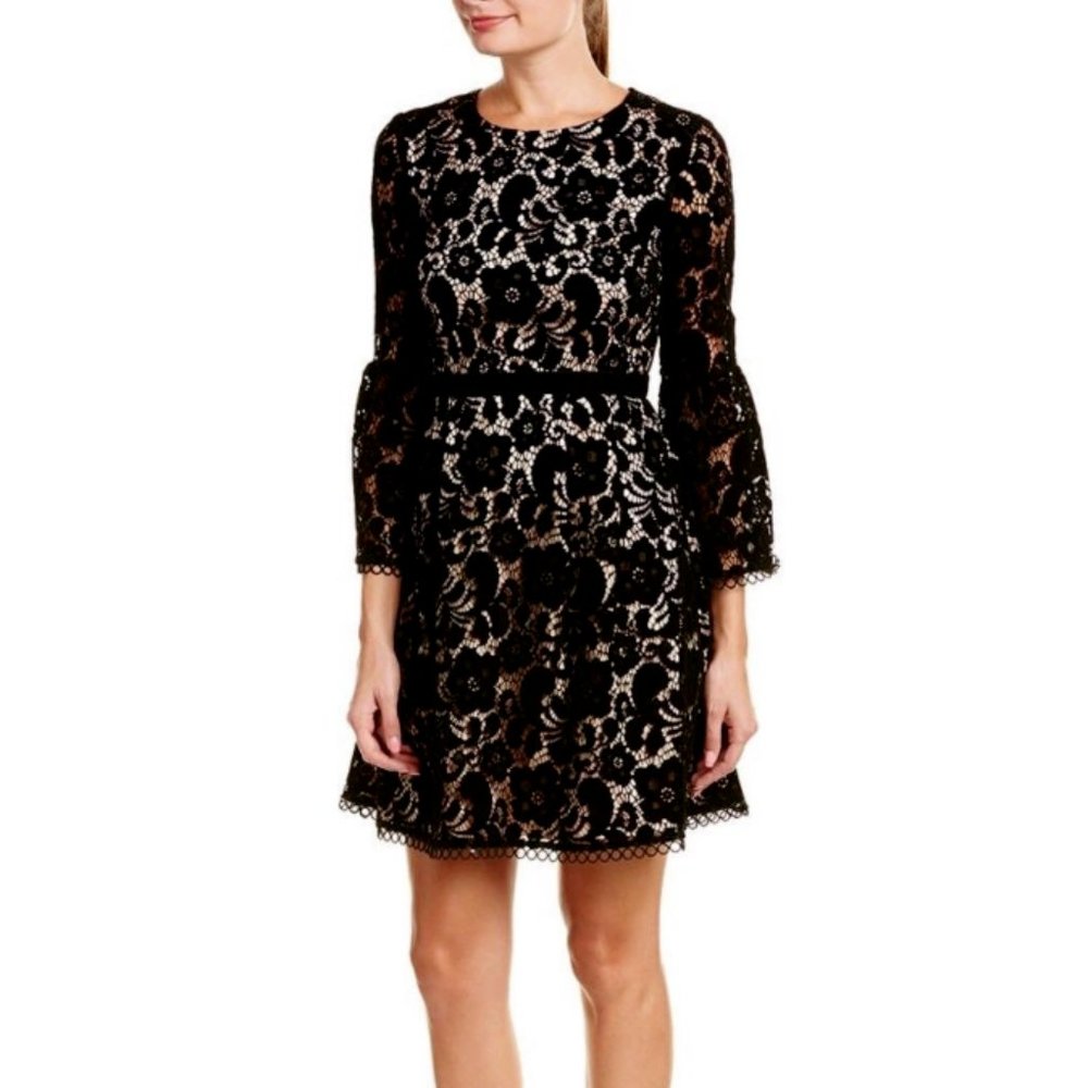 Eliza J Womens Sz 6 Small Black Velvet Lace Dress‎ Bell Sleeve Cocktail Holiday